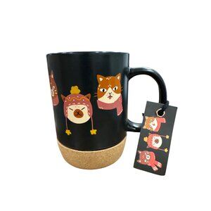 Black Ceramic Cat-Themed Mug With Cork Base & "Purrfectly Caffeinated"